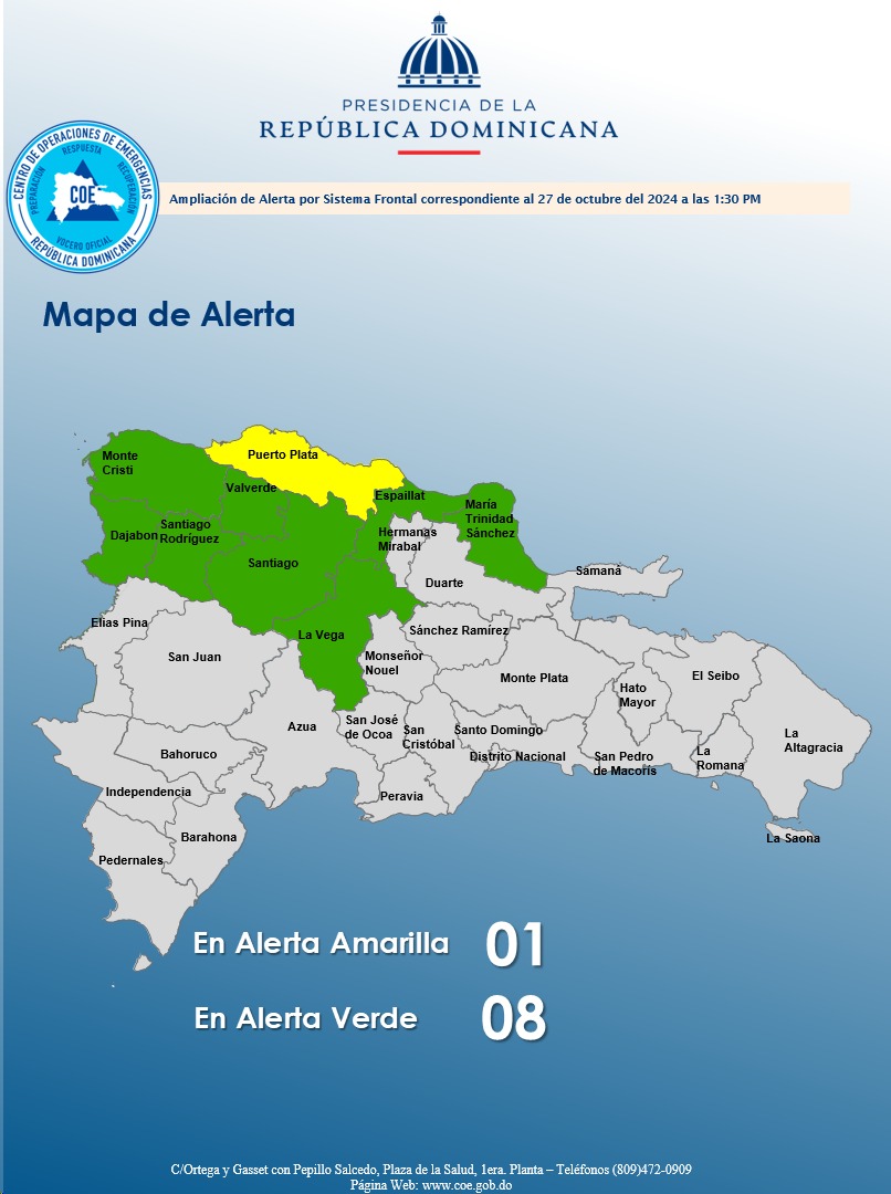 COE: Alerta Amarilla En Nueve Provincias, Alerta Verde En Cinco COE: Alerta Amarilla En Nueve Provincias, Alerta Verde En Cinco