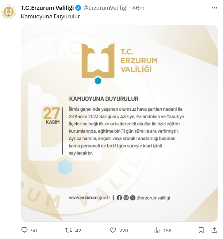 Erzurum'da Okullar Tatil Oldu Mu? Son Dakika Valilik Açıklaması Erzurum'da Okullar Tatil Oldu Mu? Son Dakika Valilik Açıklaması