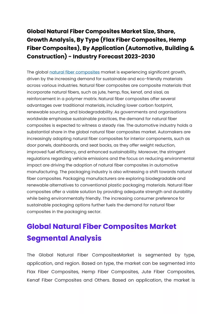 Natural Fiber Composites Market Growth: Global Forecast To 2029 Natural Fiber Composites Market Growth: Global Forecast To 2029